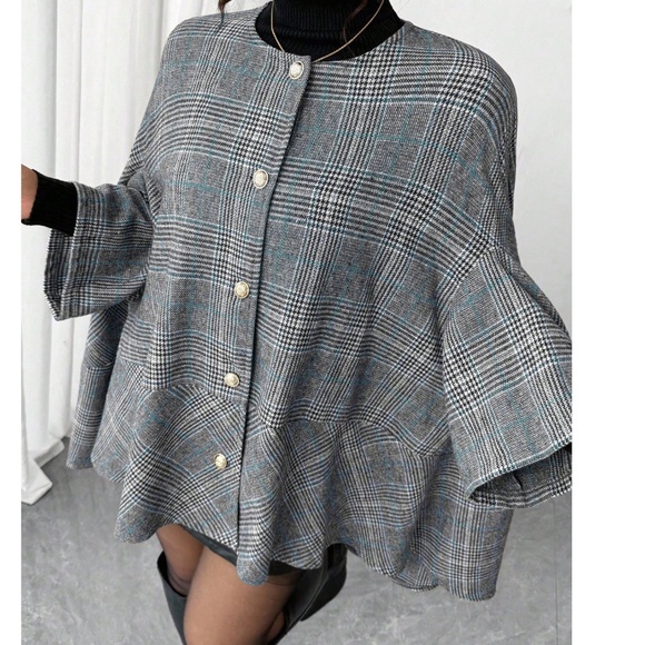 Plus Plaid Print Button Down 3/4 sleeve Ruffle Hem Jacket Coat - Picture 2 of 3